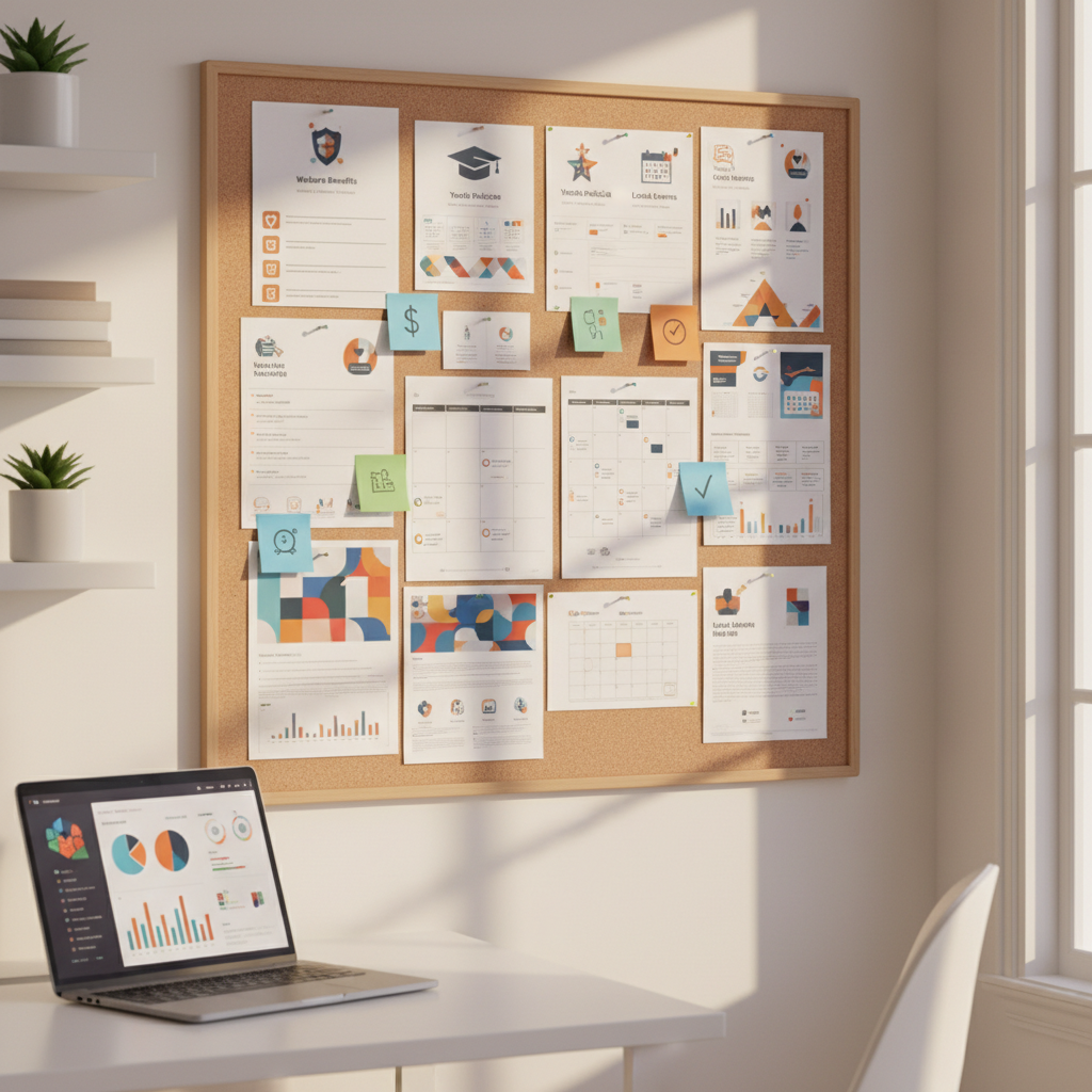 A large, wall-mounted cork board in a bright, tidy home office, covered with neatly pinned announcement sheets, color-coded sticky notes, and calendar pages representing various welfare benefits, youth policies, and local events. The papers show simple icons, colored blocks, and blank lines instead of text, but clearly suggest eligibility periods and application methods. A sleek laptop on a nearby white desk displays a dashboard of abstract charts and icons. Afternoon natural light streams through a side window, casting soft, directional shadows and a calm, focused atmosphere. Photographic realism from a slightly elevated angle, with the cork board in crisp focus and the rest of the room gently blurred, conveying clear, well-organized official information for residents.